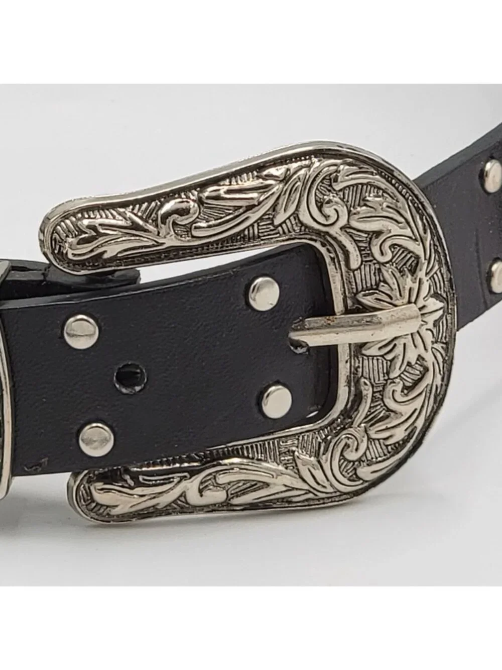 Western-Style Black Leather Belt With Dual Ornate Silver Buckles & Stud Details